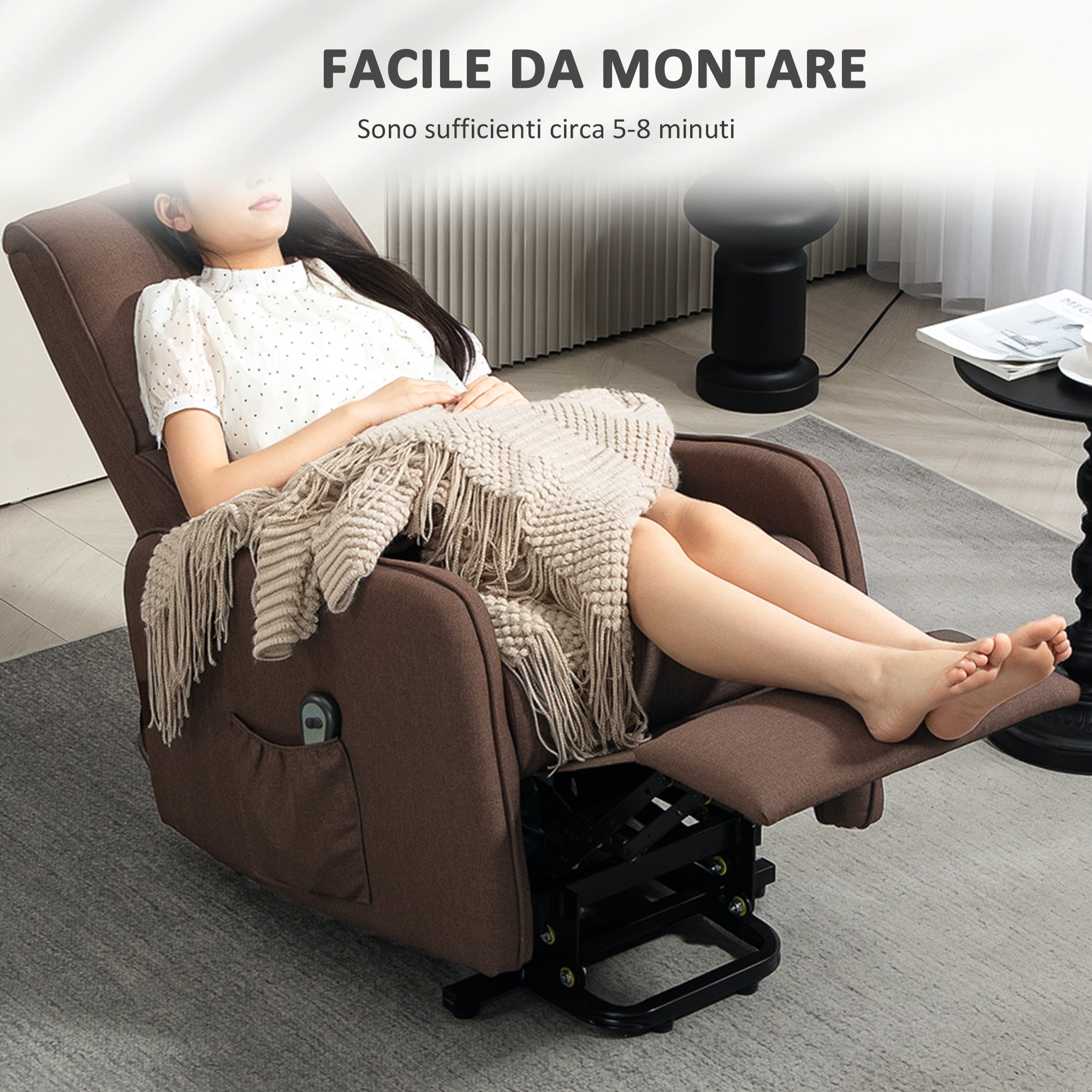 Poltrona Alzapersona Elettrica Reclinabile con Telecomando e Tasca in Tessuto Marrone Scuro