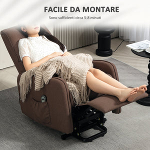 Poltrona Alzapersona Elettrica Reclinabile con Telecomando e Tasca in Tessuto Marrone Scuro