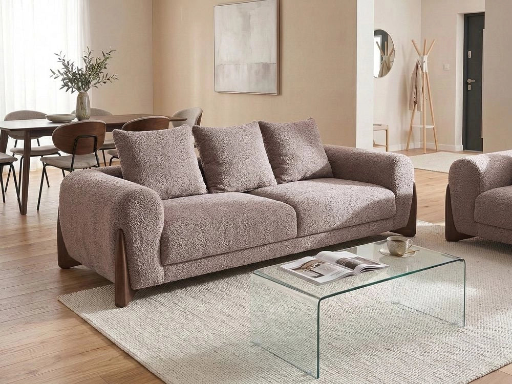 Divano a 3 posti Rivestimento in tessuto bouclè marrone Gambe in legno con braccioli Soggiorno Stile moderno