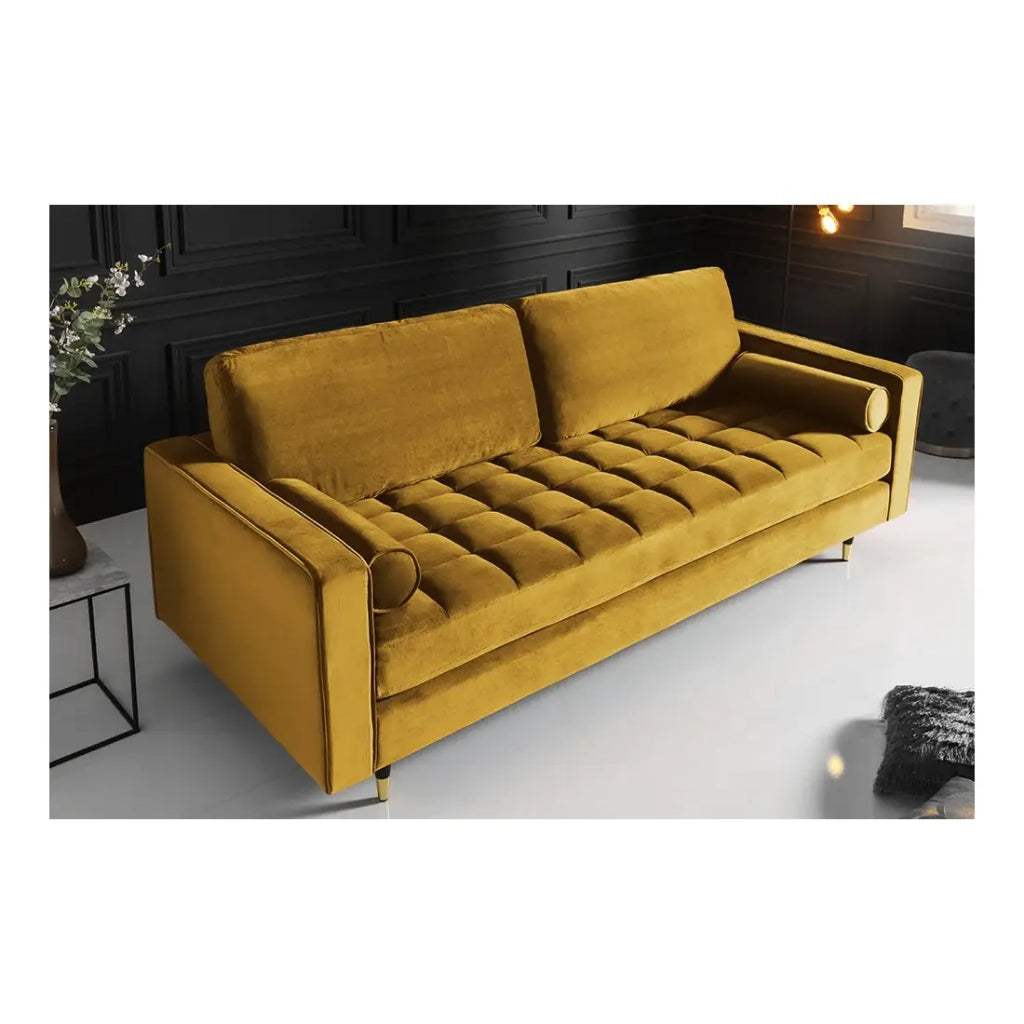 Divano ad angolo reversibile KOLIRI giallo – Divano design in velluto con pouf abbinato