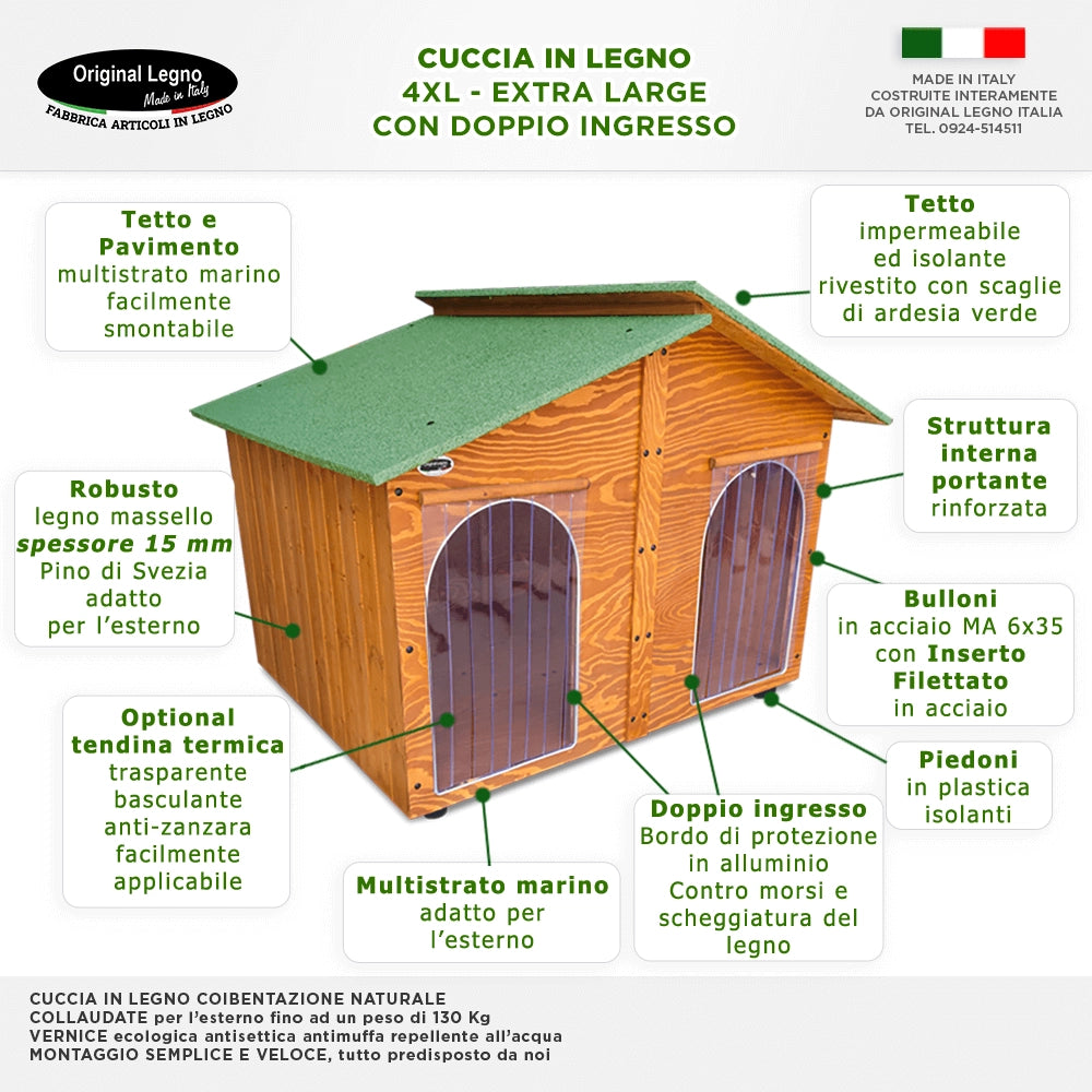 CUCCIA IN LEGNO DA ESTERNO MODELLO 4XL GIGANTE CON DUE INGRESSI E VERANDA COPERTA CON SEPARÈ CON "TENDINE OMAGGIO" L.150 x P.170 x H.115