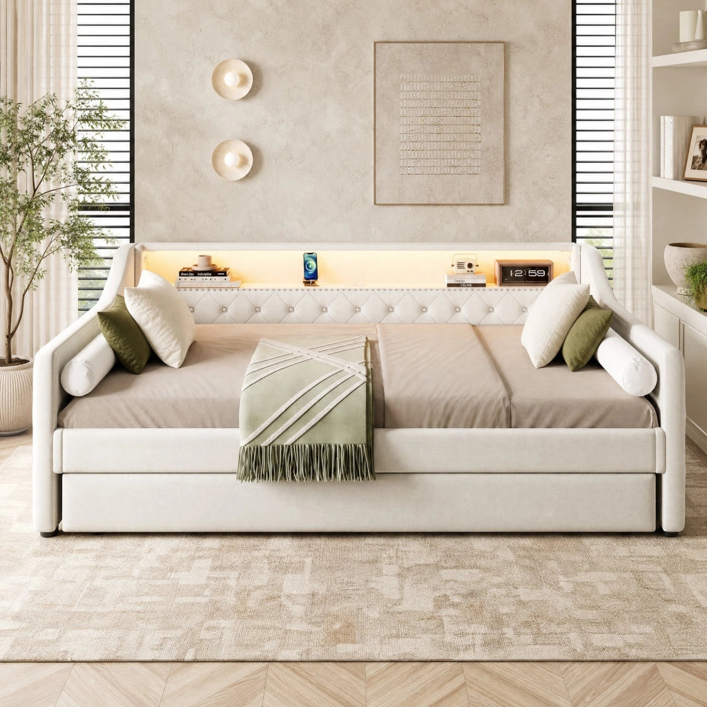 Letto singolo estraibile 90x200 cm con LED e USB beige