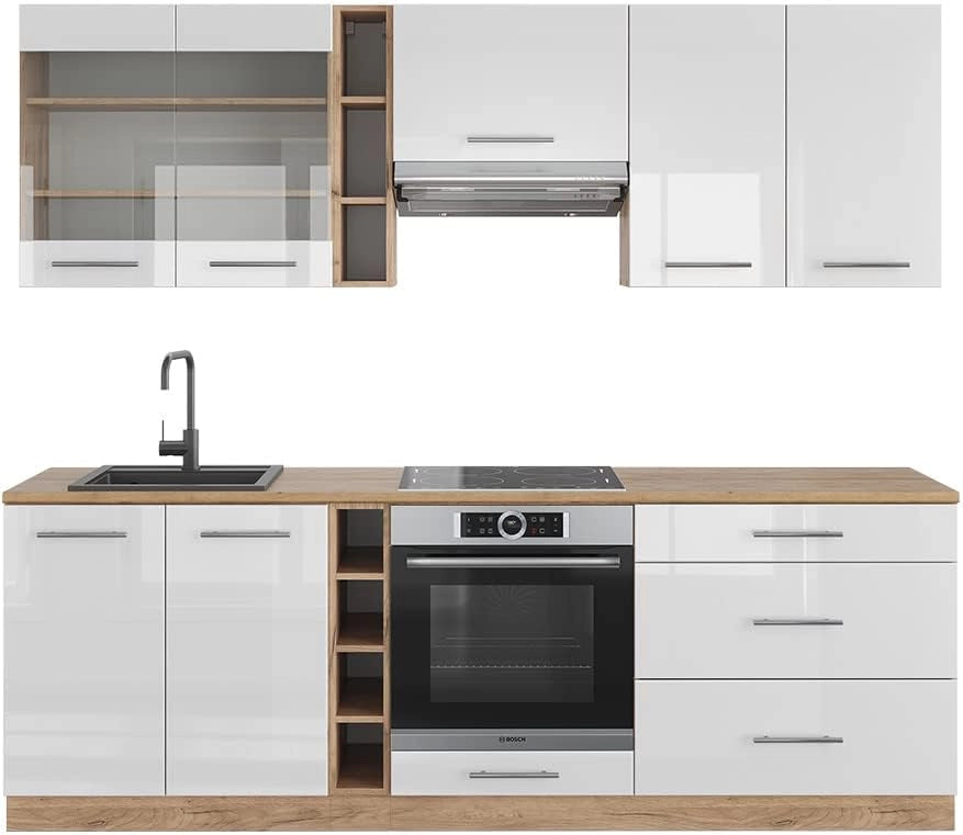 Cucina componibile Fame-Line, Bianco lucido/oro power oak, 235 cm senza piano di lavoro, per l'espansione personalizzata con moduli compatibili