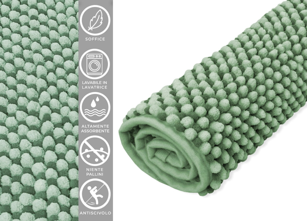 Tappeto Bagno Doccia Antiscivolo In Ciniglia Super Assorbente Modello Dots - Parure 3 Pezzi - Salvia