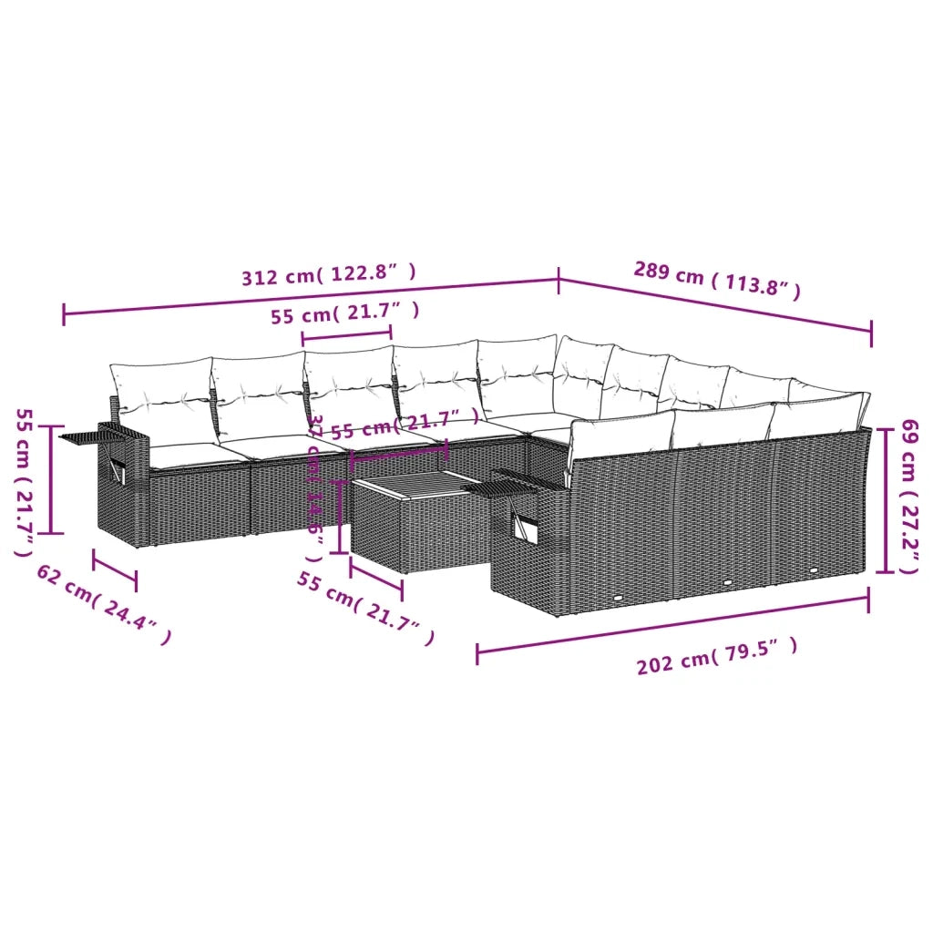 Set Divani da Giardino 12 pz con Cuscini Grigio in Polyrattan 3257124