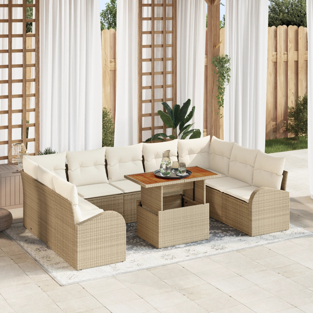 Set di Divano da Giardino di 10 Pezzi con Cuscini Beige in Polyrattan