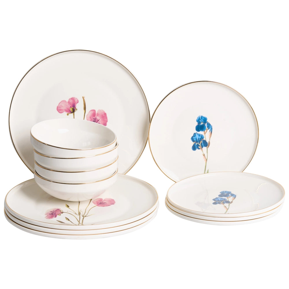 Set da 12 stoviglie piatto piano, ciotola e piatto da dessert in porcellana con motivo floreale multicolore e finitura smaltata bianco