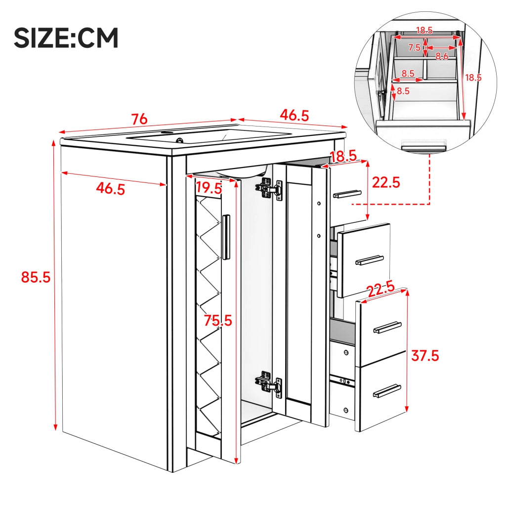 Mobile sottolavabo con lavabo integrato 3 cassetti doppio armadietto MDF e ceramica nero 76 × 46,5 × 85,5 cm