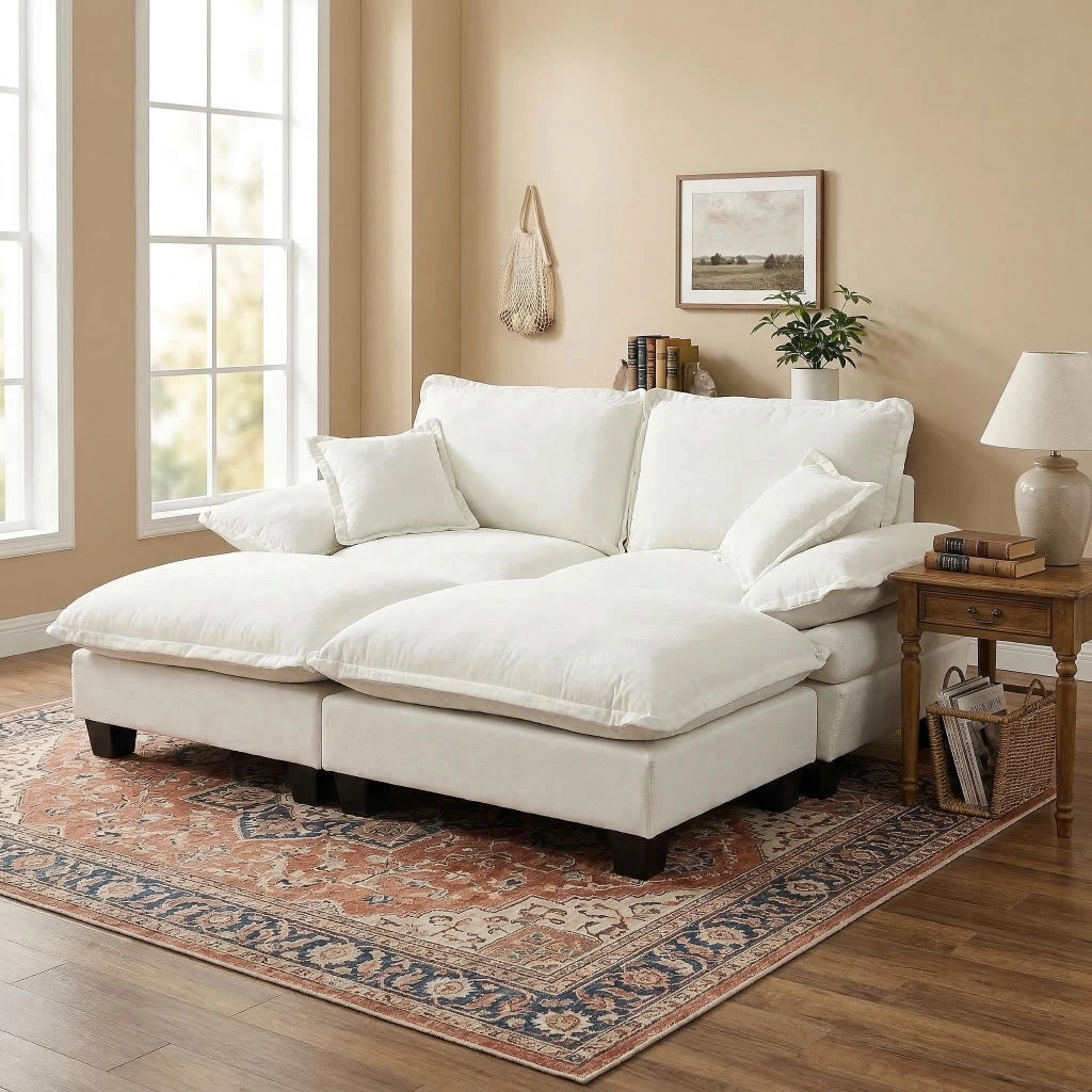 Divano angolare modulare in chenille con braccioli ampi e ottomana mobile per soggiorno e appartamento beige, 194 × 151 × 90 cm