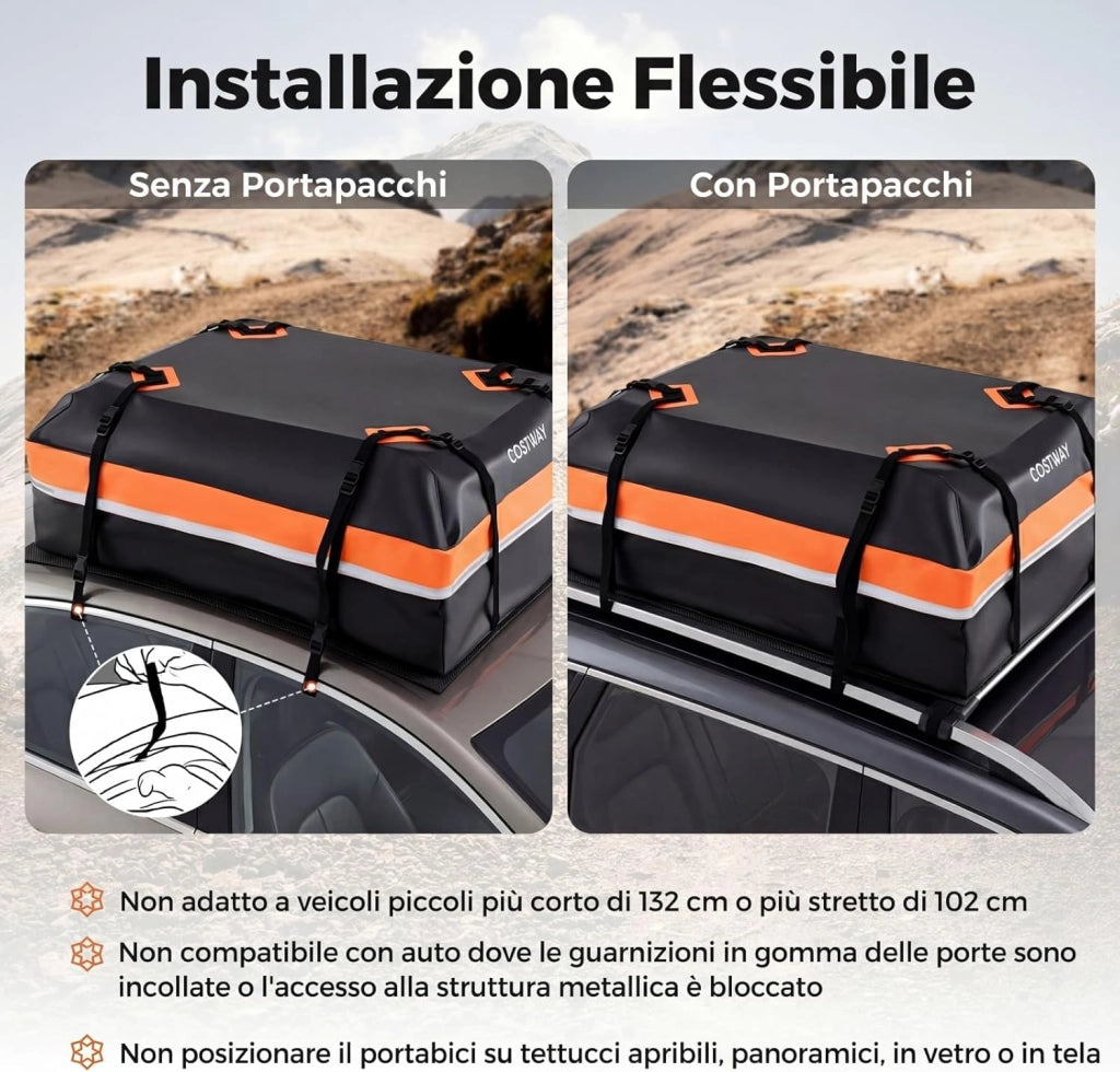 Borsa da Tetto per Auto, Box Portapacchi con Impermeabile e Alta Adattabilità, Baule con Tappetino Antiscivolo, Striscie Riflettenti, Lucchetto e 8 Corde di Fissaggio (450 L,Arancione)