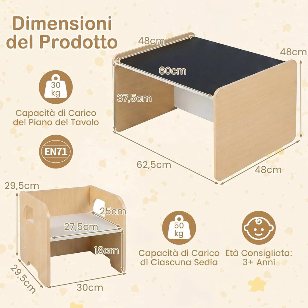 Set Tavolo e 2 Sedie per Bambini, Tavolo e Sedie Salvaspazio per Bambini 3+ Anni con Lavagna per Disegnare e Piedini Antiscivolo, per Camerette, Soggiorno e Studio (Naturale)