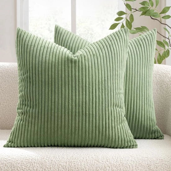 Copri cuscino in flanella a righelli - Comodo e soffice - 45 x 45 cm - Verde oliva - Ideale per soggiorno e camera da letto