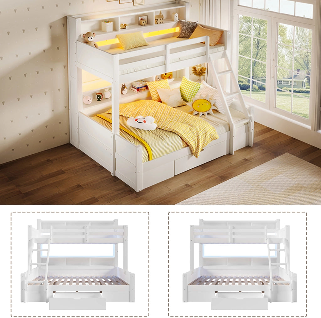 Letto a castello ULEVR 90x200 e 140x200 cm con LED, vani aperti e cassetto, bianco