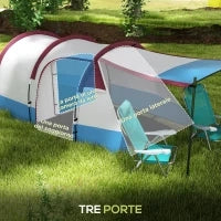 Tenda da Campeggio Impermeabile con 2 Aree e 3 Ingressi, in Poliestere e Fibra di Vetro, 420x200x150 cm, Rosso