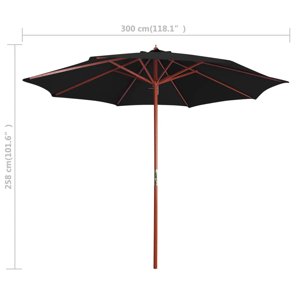 Ombrellone con Palo in Legno-Ombrello da giardino 300x258 cm Nero