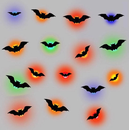 Decorazione da Halloween vela pipistrello - 16 pezzi - impermeabile - adesivi 3D per parete - rimovibili - nero spettrale - 4 misure - PVC - luce LED colorata