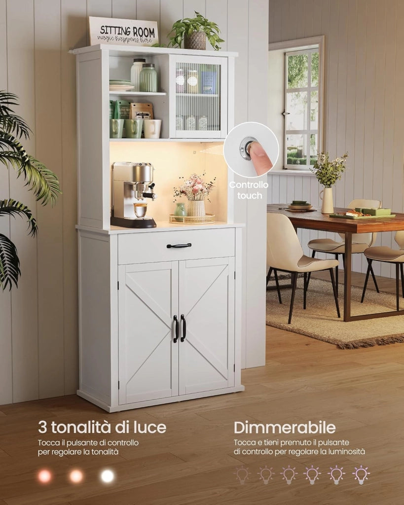 VASAGLE Credenza Cucina con Luce e Multipresa, Mobile Dispensa Cucina con Ante e Cassetto, 39,5 x 80,4 x 180,6 cm, con Ripiani Regolabili, Stile Farmhouse, Bianco Nuvola BBK363W21
