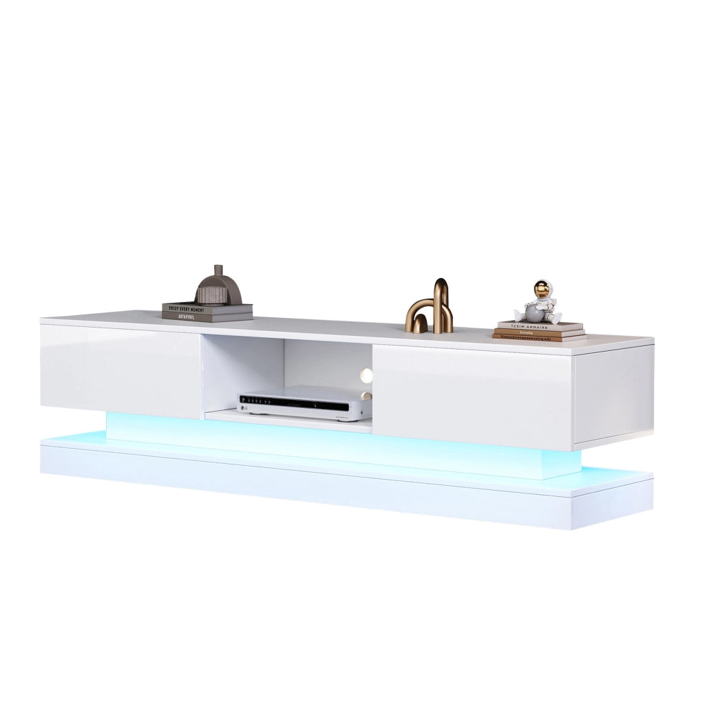Mobile TV 160x35x40.5 cm con luci LED; 2 cassetti; design antiribaltamento; truciolare bianco lucido