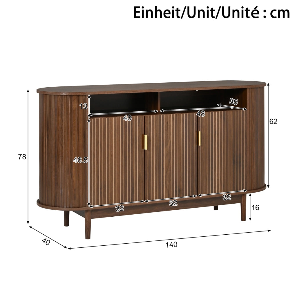 Credenza 140x40x78 cm a 3 ante con frontale a linee verticali; MDF e pannello truciolare; noce