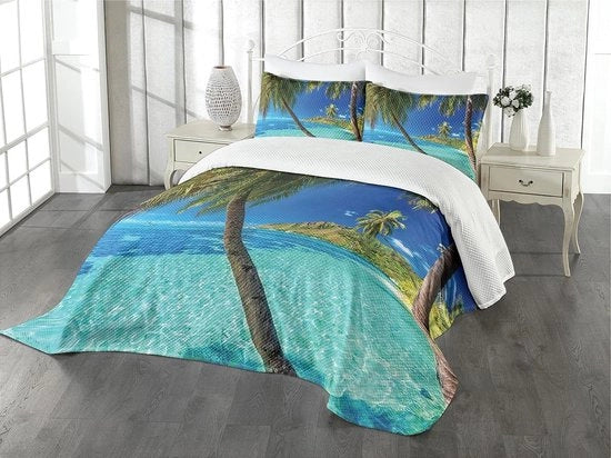 Biancheria da letto con palme marine - Decorazione per la spiaggia - Biancheria da letto imbottita - 170 x 220 cm - Blu turquesa