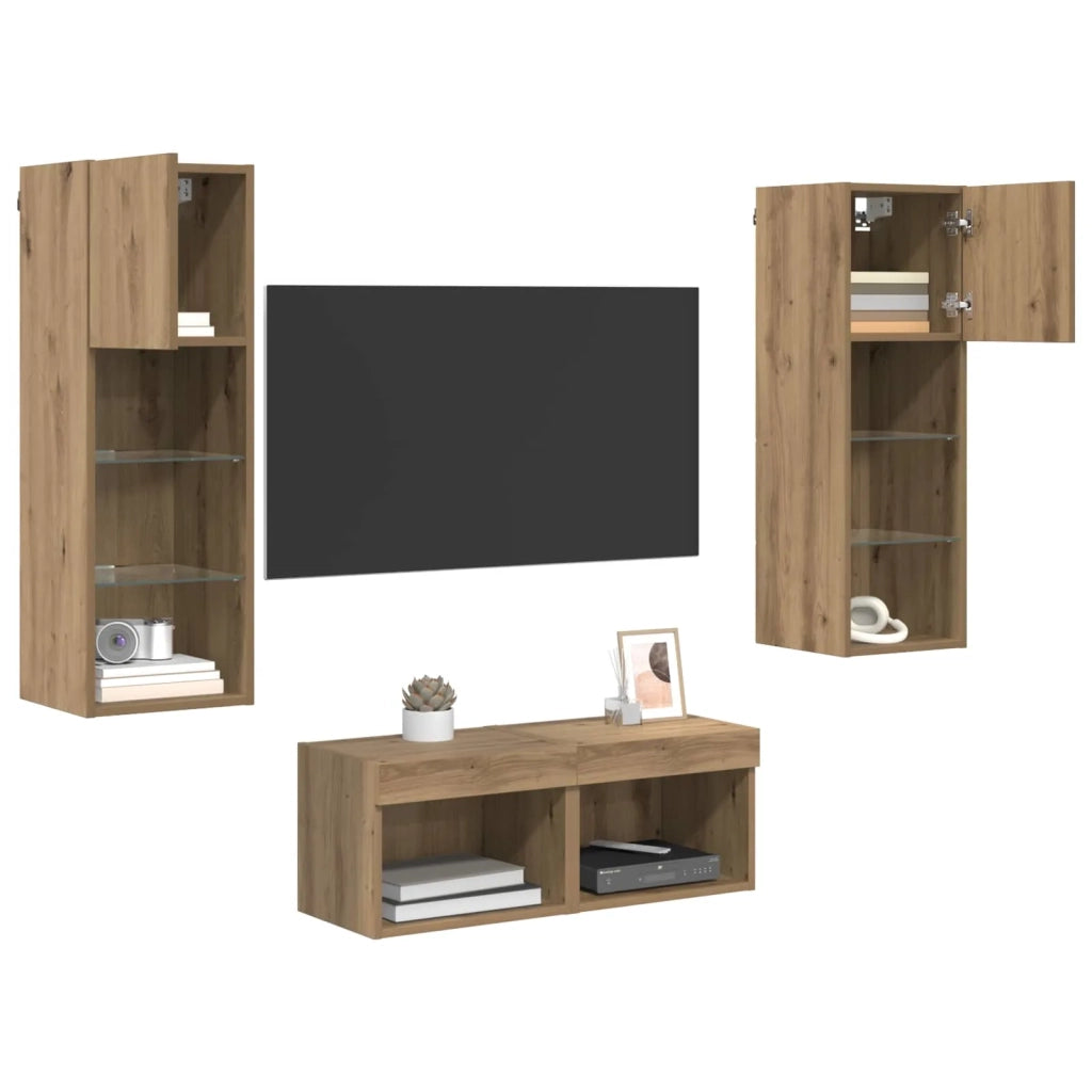 Mobiletti TV da Parete 4 pcs Rovere Nero Legno multistrato 3402918