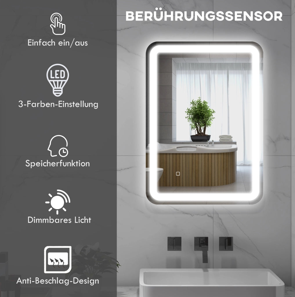 Specchio da bagno LED 50 x 70 cm con comando tattile e antiappannamento