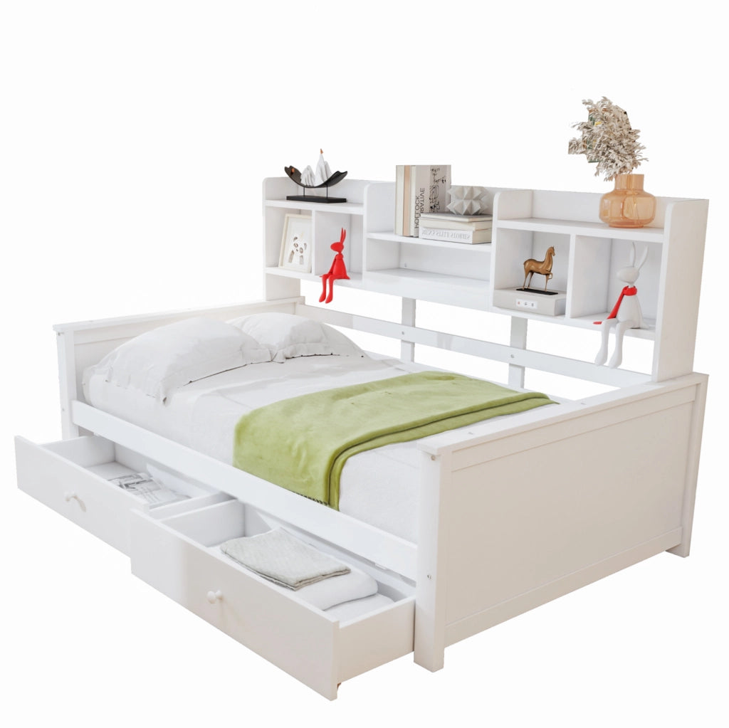 Divano letto singolo 90x200 cm in legno massiccio bianco con 2 cassetti e vani portaoggetti