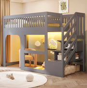 Letto a soppalco per bambini 90x200 cm in legno grigio con scala contenitore e LED