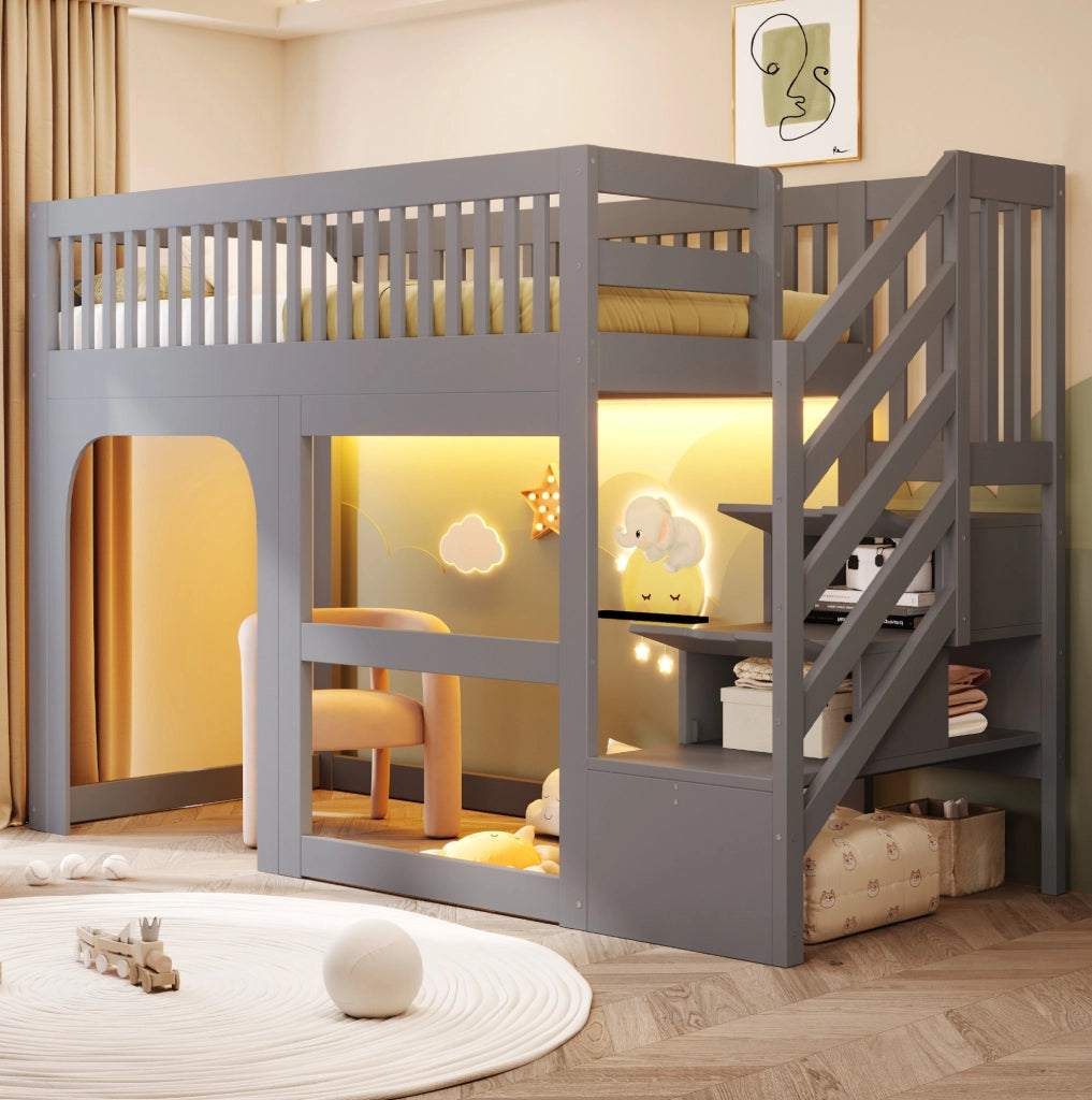 Letto a soppalco per bambini 90x200 cm in legno grigio con scala contenitore e LED