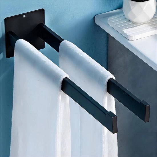 Supporto asciugamani senza fori, carta da parati, doppio, quadrato, acciaio inossidabile, supporto asciugamani, bagno, fissaggio alla parete per cucina e bagno, nero, opaco, 40 cm
