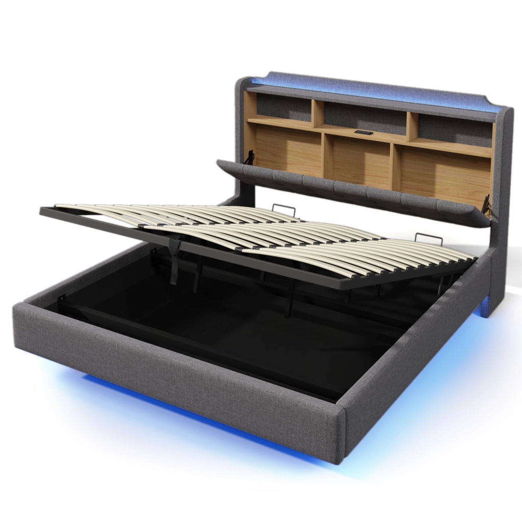 Letto matrimoniale contenitore 180x200 cm effetto sospeso con LED; testiera portaoggetti; USB e USB-C; lino grigio