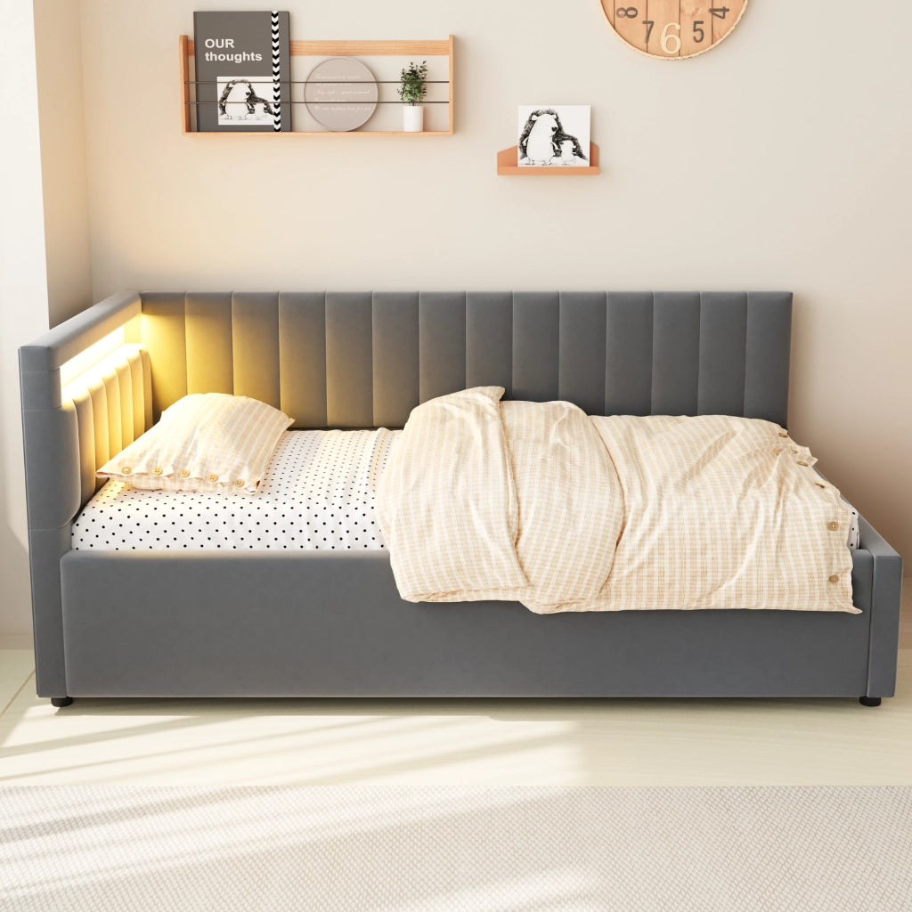 OKWISH Letto Divano 90×200 cm, Letto Singolo con LED, Contenitore Idraulico e Testiera Reversibile, senza Materasso, Grigio