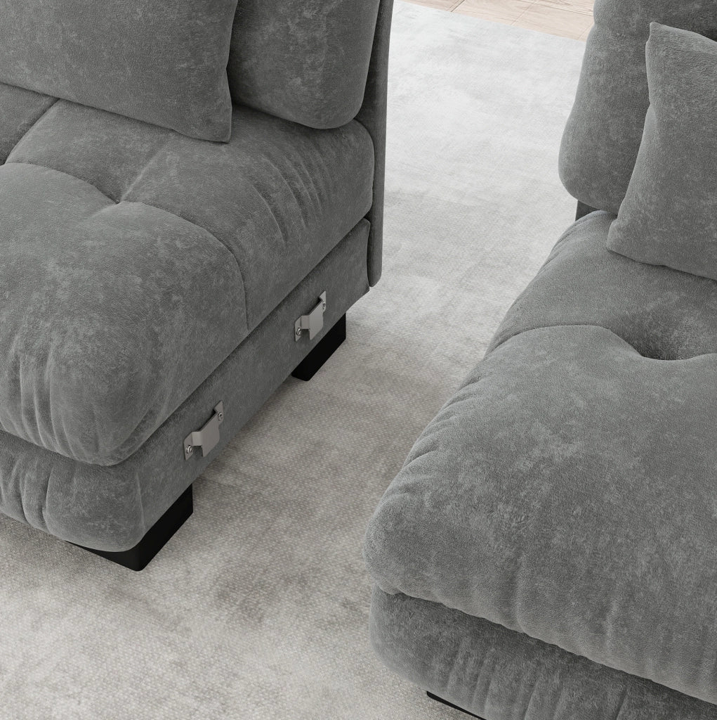 Divano modulare angolare 220x145x81 cm in chenille grigio con ottomane e cuscini