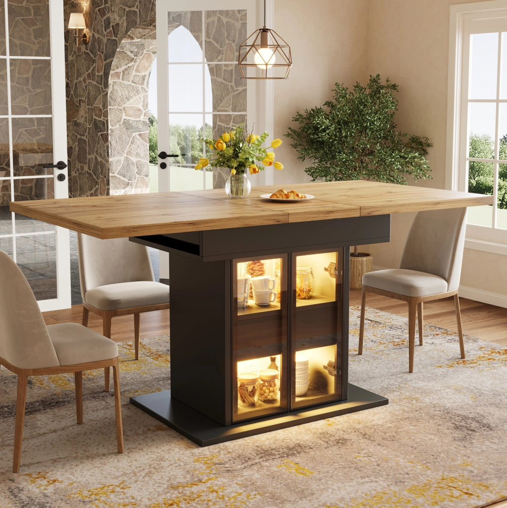 Tavolo da pranzo allungabile 110/140x80x77.9 cm con LED RGB e contenitore; MDF e metallo; nero