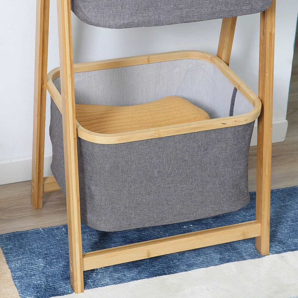 Easycomfort Mobile Bagno Pieghevole in Bambù con 2 Cassetti in Tessuto Poliestere Grigio, 45x35x98cm