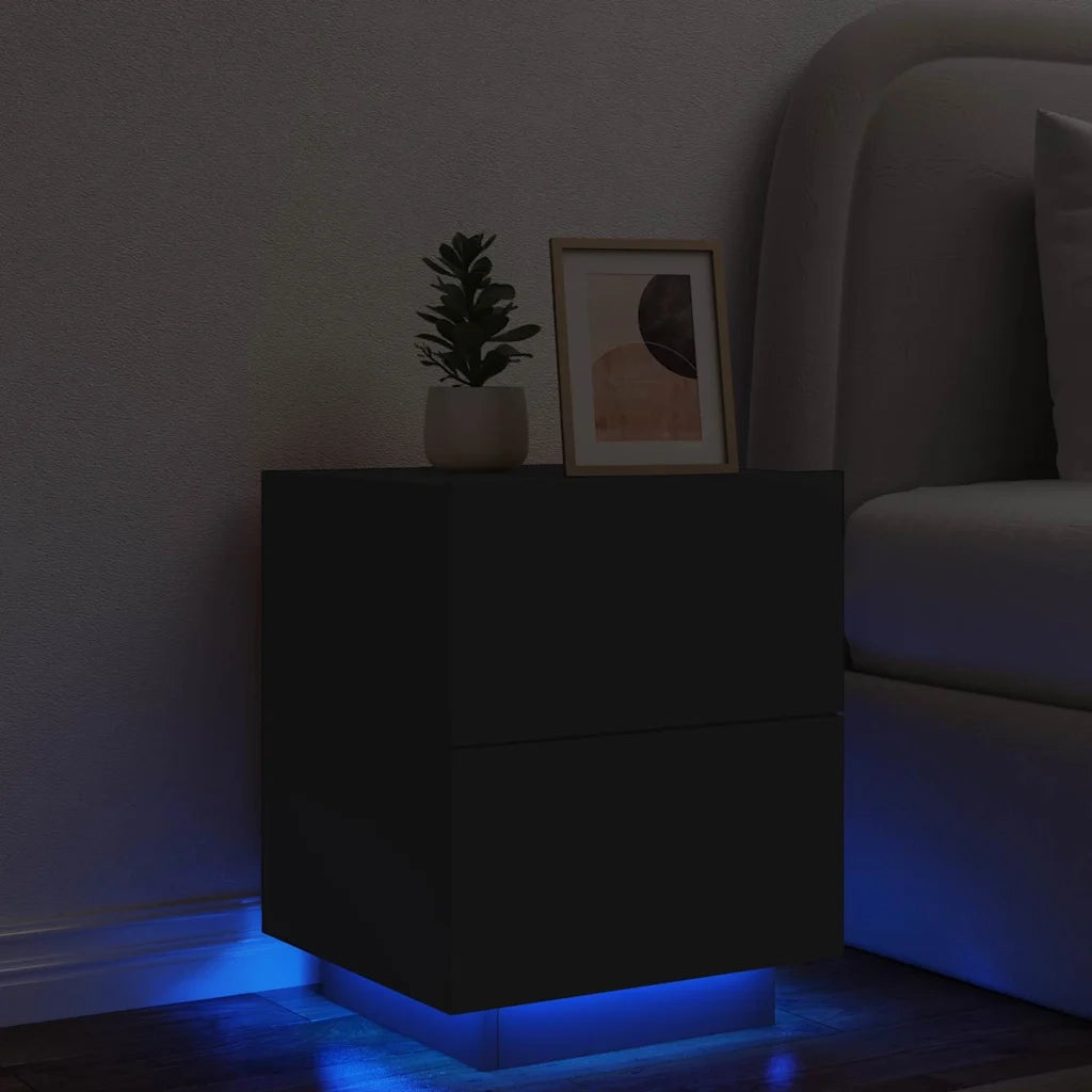Comodino | Armadio da Notte | Mobiletto da notte con Luci LED Nero in Legno Multistrato