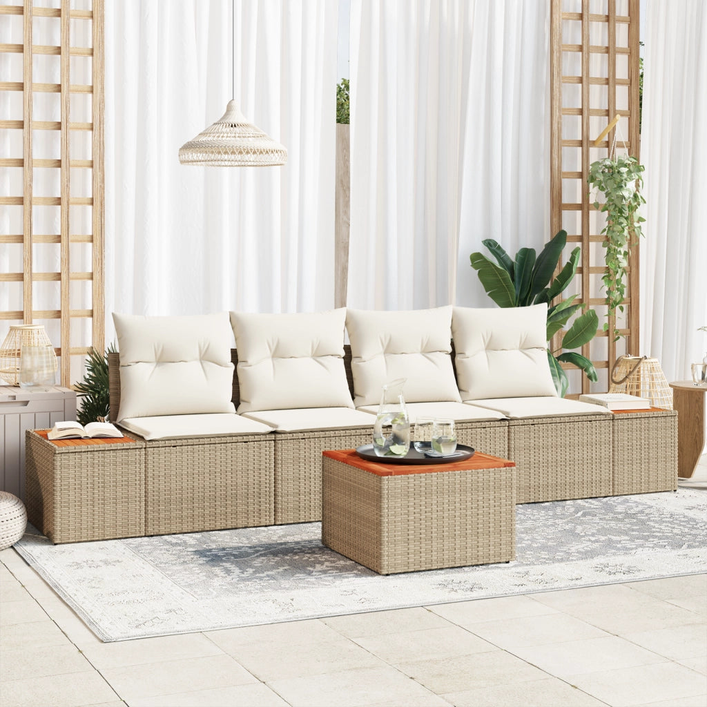 Set di divani da giardino a 5 pezzi con cuscini beige polyrattan acacia