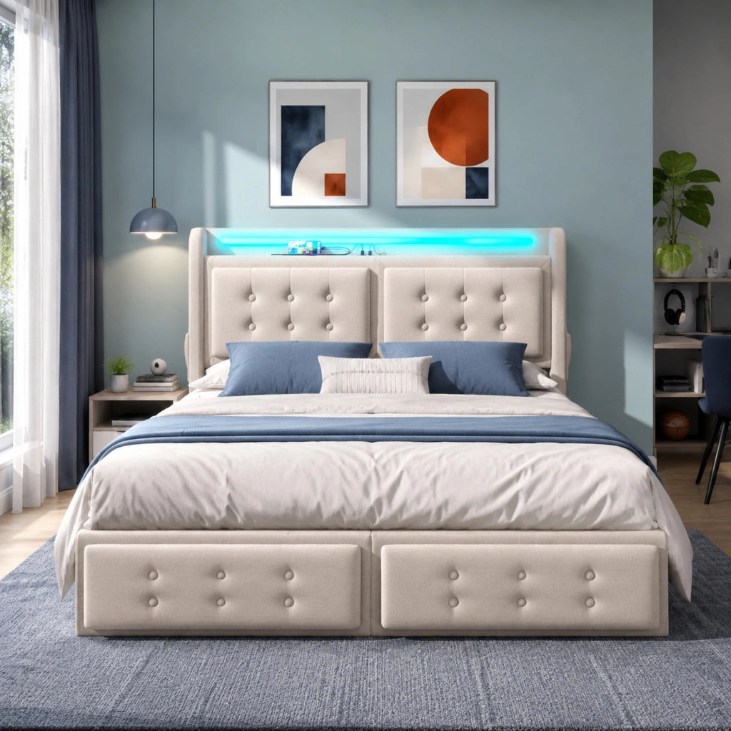 LETTO imbottito 140x200 cm in cotone-lino beige con LED, USB e 4 cassetti