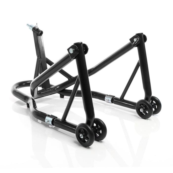 Cavalletto alzamoto anteriore sotto canotto, con rotelle e 5 adattatori sterzo 13-18 mm