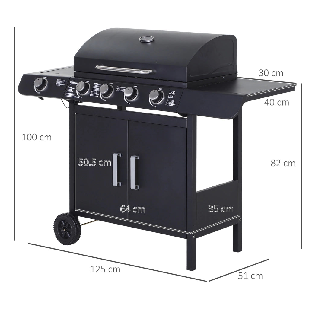 Barbecue a Gas a 5 Fornelli con Ripiani Laterali e Armadietto, in Acciaio e PP, 125x51x100 cm, Nero