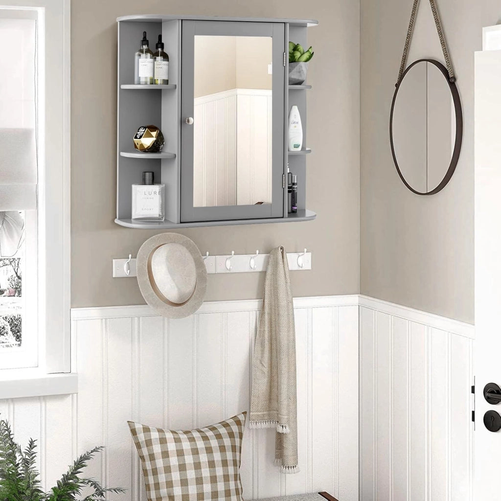 Armadietto Bagno a Parete, Mobiletto Pensile in Legno con Ante di Specchio, 6 Scomparti Laterali e 4 Ripiani di Stoccaggio, 3 Colori Disponibili, 65x17x64cm (Grigio)