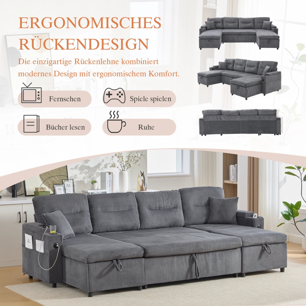 DIVANO 4 POSTI con chaise longue doppia, contenitore, USB-C, Corduroy Grigio Carbonio