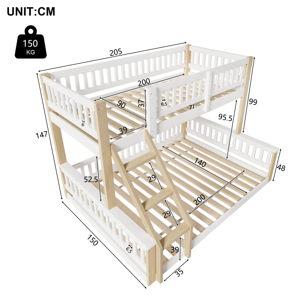 LETTO A CASTELLO 90x200+140x200 cm in legno bianco e naturale, senza materasso