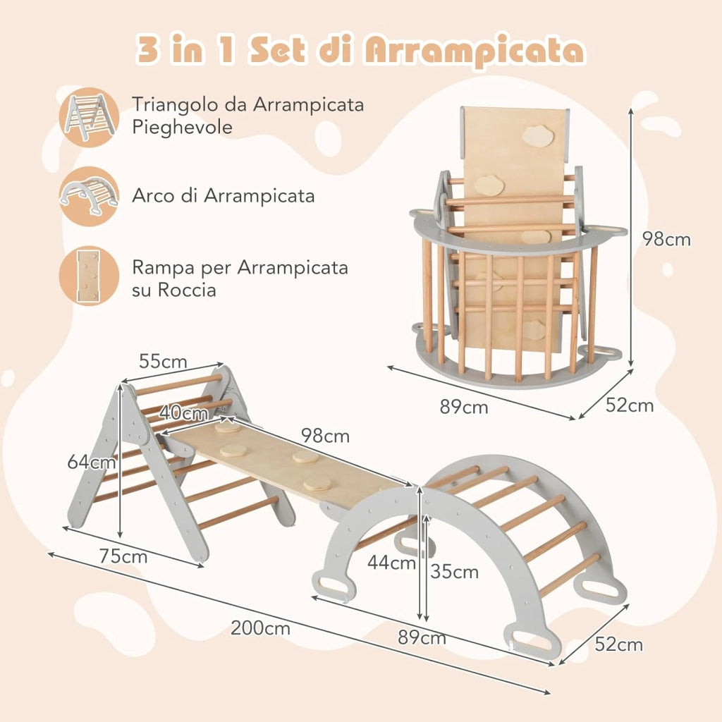 4 in 1 Set da Arrampicata per Bambini, Giocattoli da Arrampicata a Triangolo con Triangolo Arco e Salita, Ideale per Bambini 1 Anni + (Grigio)