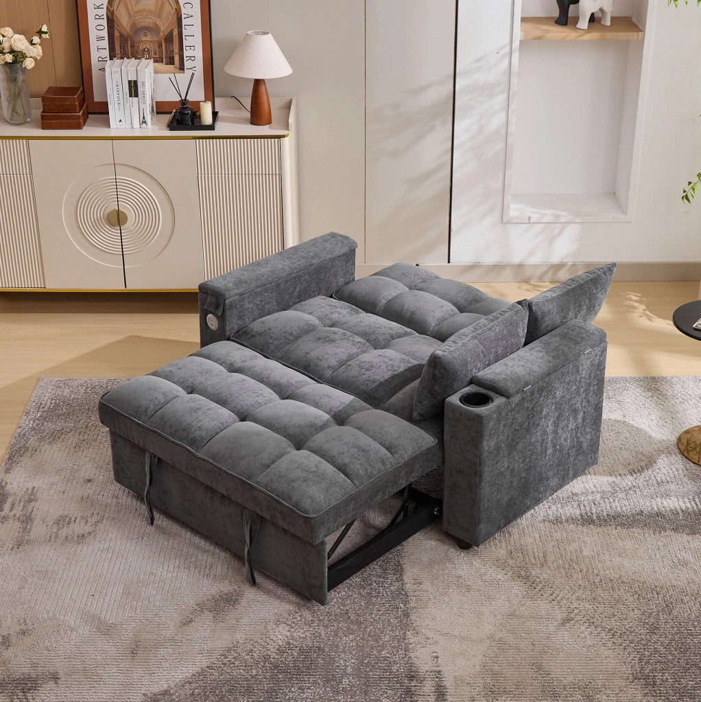 Divano letto trasformabile con schienale regolabile; porte USB e Type-C in tessuto grigio