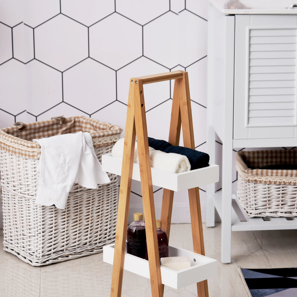 Mobile da Bagno in Bamb¨´ con 3 Ripiani Regolabili ¨C Zephmum ¨C 30x18x81 cm Bianco e Naturale