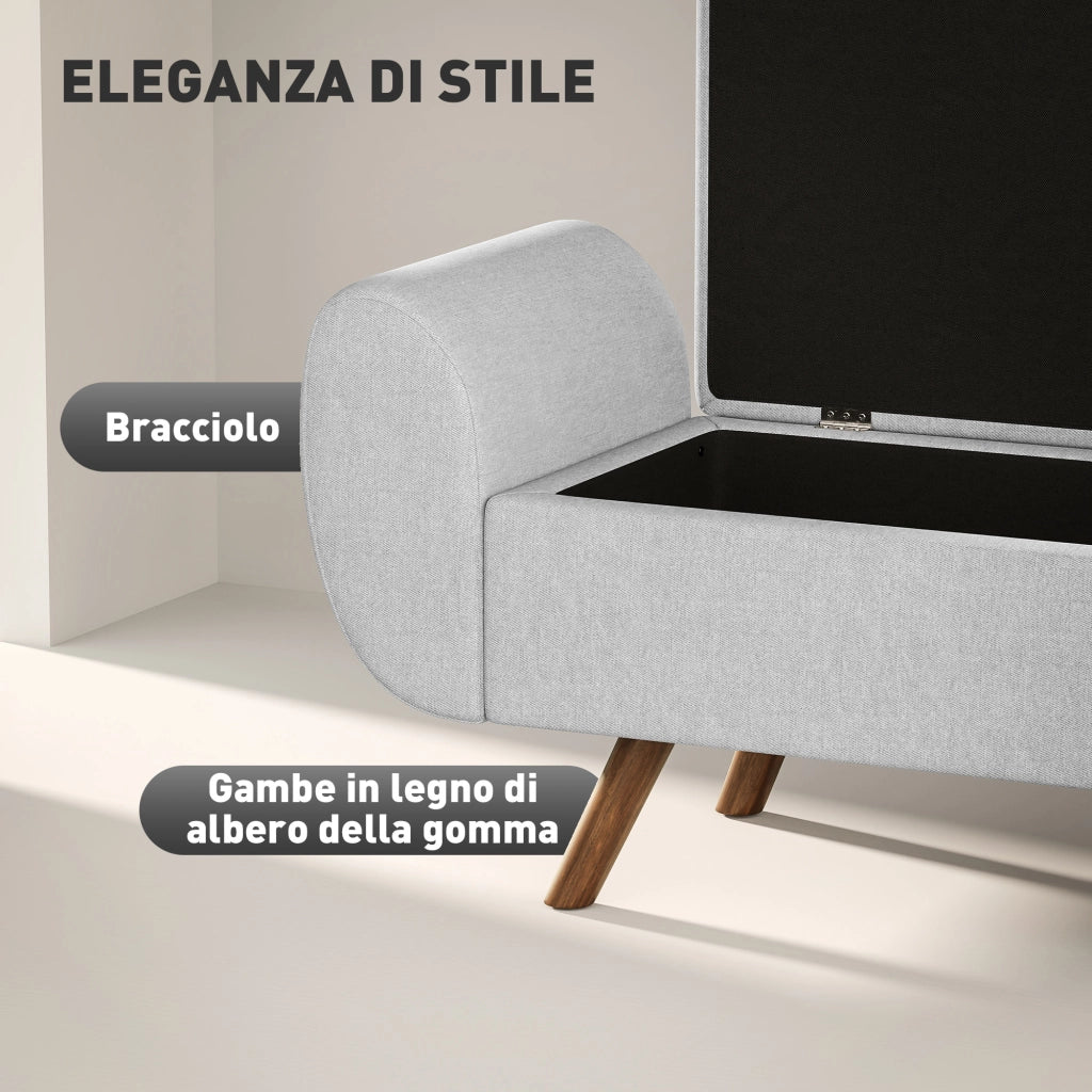 Panca Contenitore Fondo Letto con Braccioli 132x42x50 cm Vano da 53,8L in Tessuto Grigio
