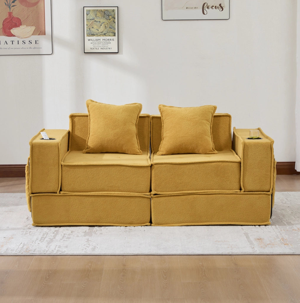 Divano due posti modulare in ciniglia giallo senape con tasche laterali e due cuscini per il relax