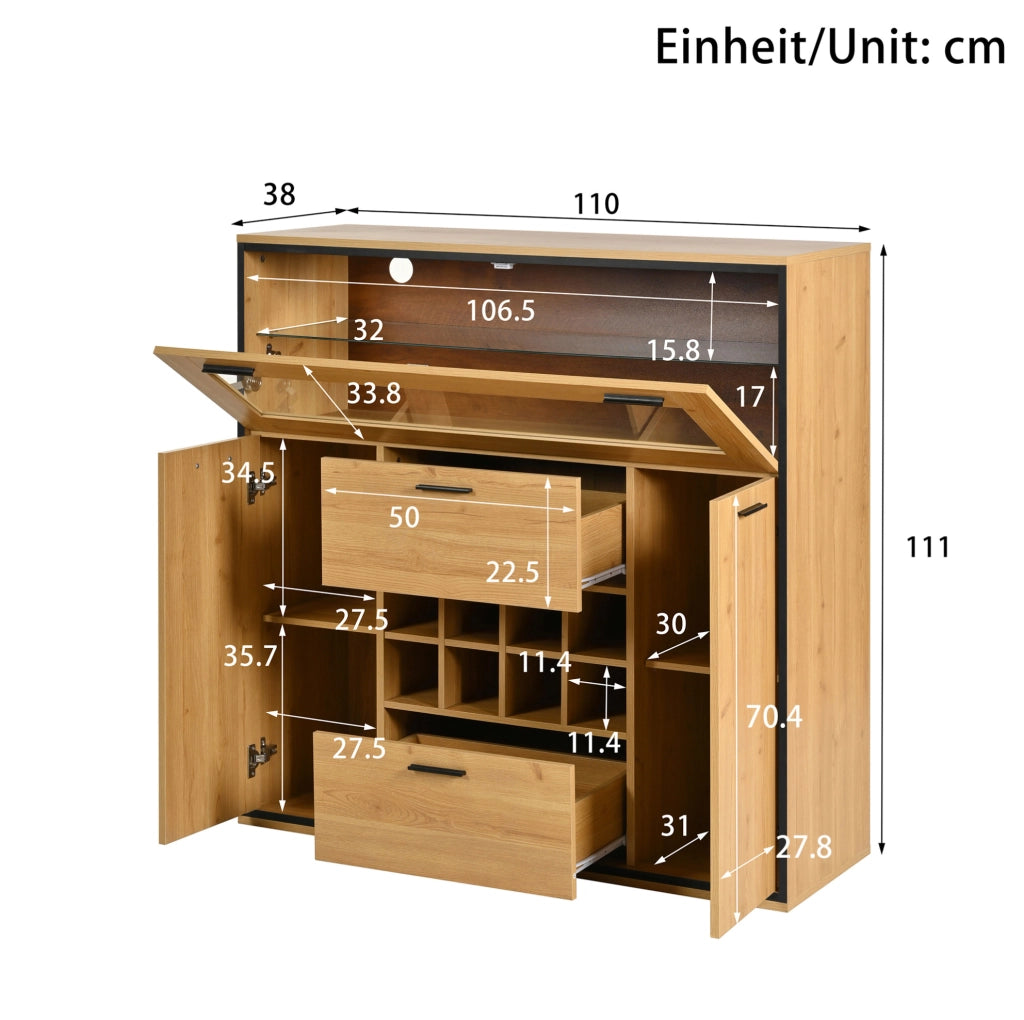 Credenza portavino con LED, 2 ante e divisorio in vetro