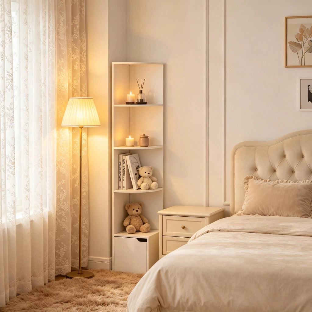 Scaffale angolare con anta bianco a 5 ripiani aperti, libreria salvaspazio in legno E1 29,5x157,5 cm